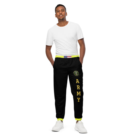 U.S. Army Unisex track pants with yellow bands.