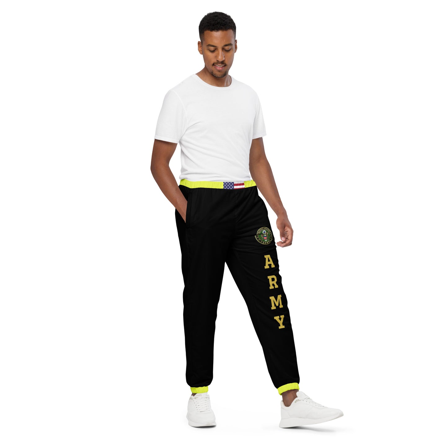 U.S. Army Unisex track pants with yellow bands.