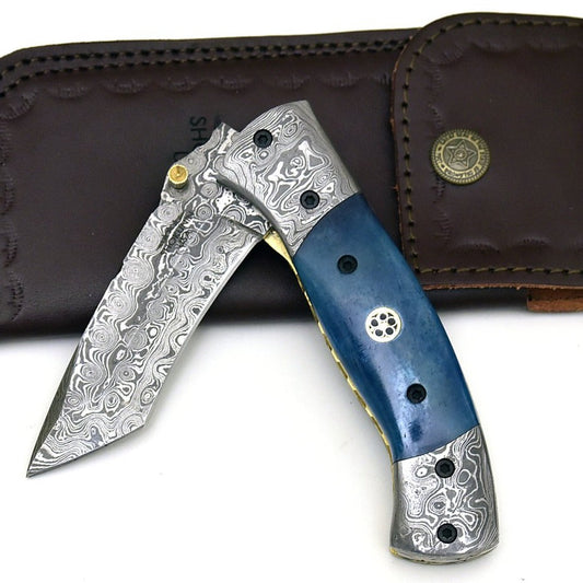 Prudence Tanto Blade Handmade Damascus Folding Pocket Knife with Bone Handle