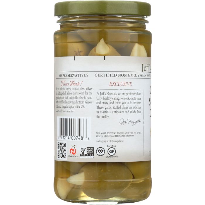 JEFF'S NATURALS: Garlic Stuffed Olives, 7.5 oz